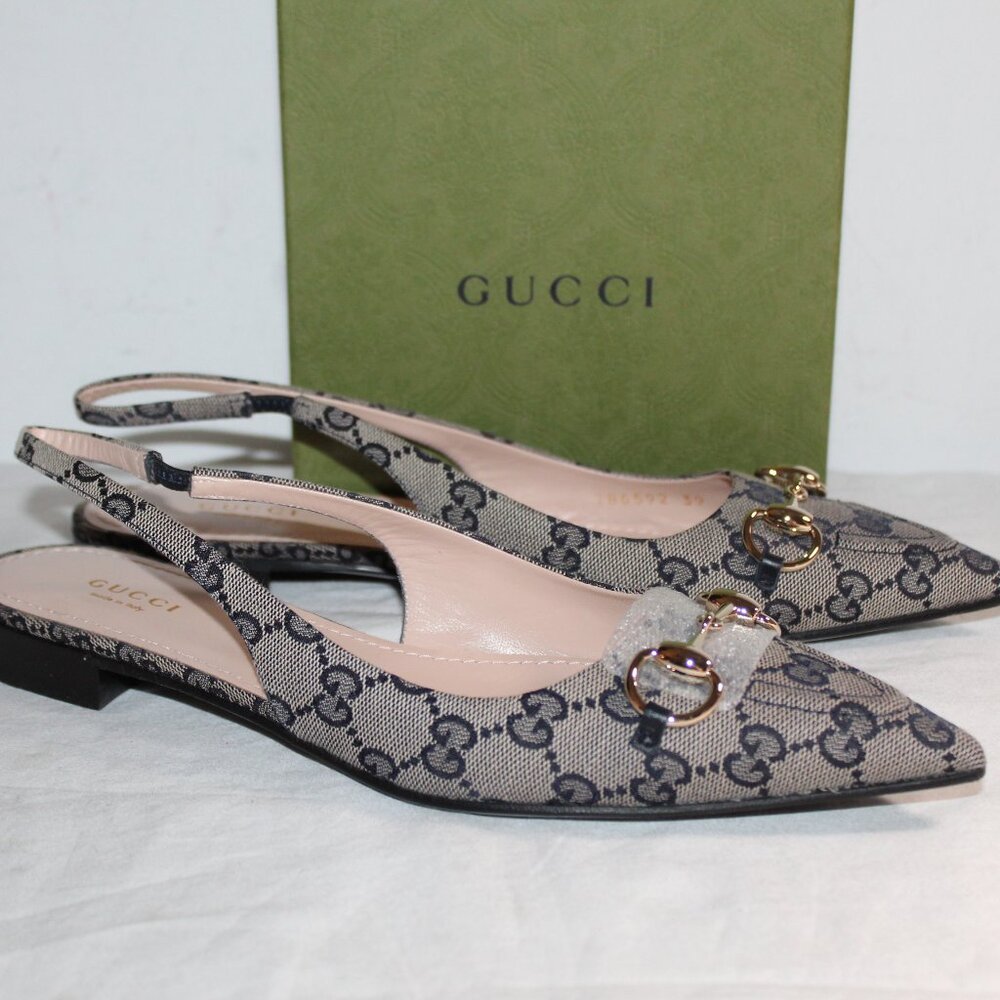 Gucci Beige Brown GG Canvas Slingback Flats with Gold Horsebit
